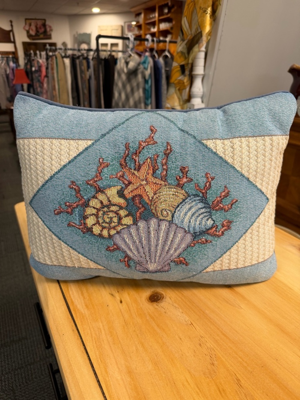 Coastal Seashell Accent Pillow - Blue and Cream